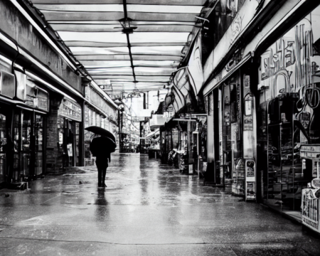 Rain woke him, a slow drizzle, his feet tangled in coils of discarded fiberoptics. The arcade's sea of sound washed over him, receded, returned. Rolling over, he sat up and held his head