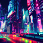 a cyberpunk cityscape in neonlights at night